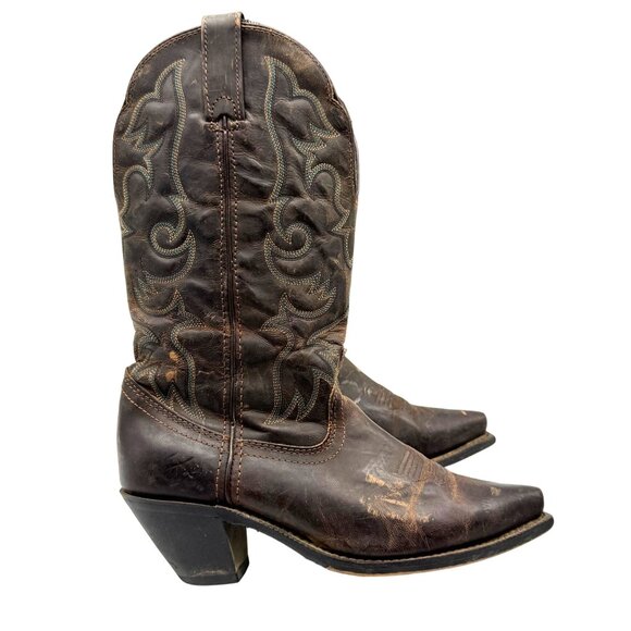 Laredo Access Distressed Brown Leather Snip Toe Western Boho Boots Women's 8.5M - Picture 2 of 13